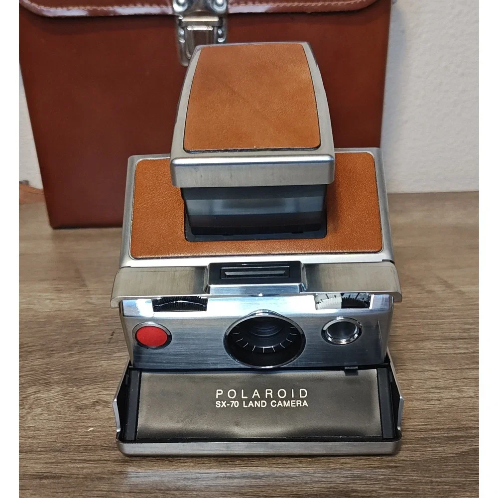 Polaroid SX-70 Land Camera Instant SLR Brown Tan Leather Folding Case Flash Bar